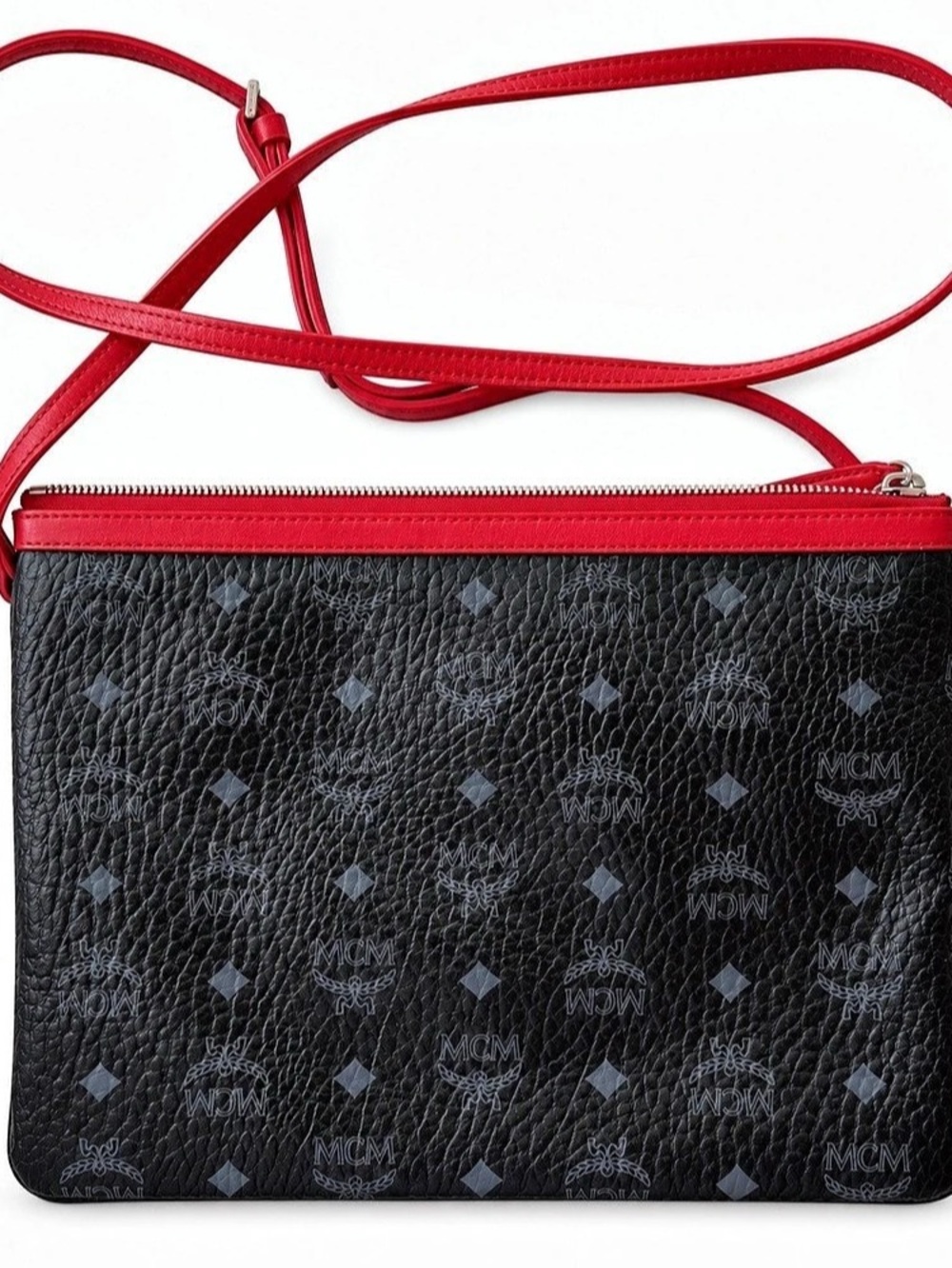 MCM Visetos Original Crossbody Pouch Medium Black & Red Crossbody Bag Like New